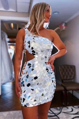 Sparkly Sequins One Shoulder Mirror Short Homecoming Dress