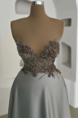 Stunning Sweetheart Silver A-line Evening Dress Sleeveless Satin Flowers Floor Length Formal Dress_2