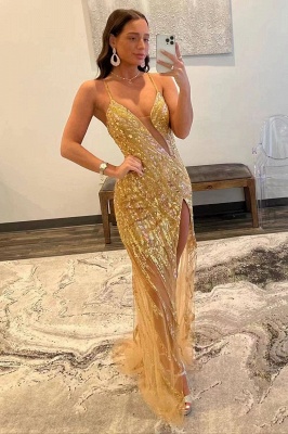 Sexy Glitter Sequins Prom Dress with Side Slit Gold Mermaid Evening Dress