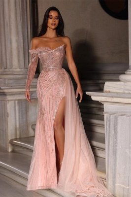 Charming One Shoulder Sequins Long Evening Dress Side Split Party Dres with Tulle Sweep Train