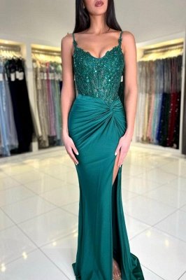 Sleeveless Dark Green Ruched Satin Mermaid Evening Dress Glitter Sequins Bodycon Prom Dress with Slit