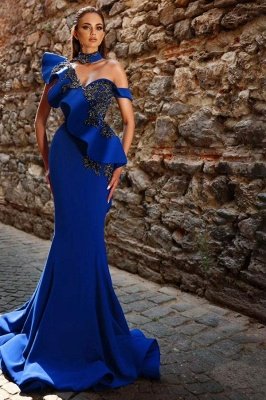 Robe de bal asymétrique bleu royal sirène, robe de soirée avec cristaux et longueur au sol