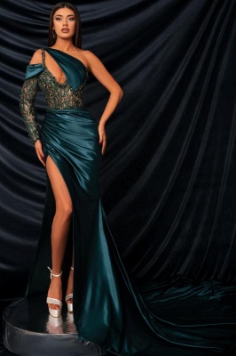 Charming One Shoulder Satin Prom Dresses with Side Slit Beadings Sequins Mermaid Evening Dresses