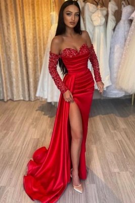 Sweetheart Satin Mermaid Prom Dress Glitter Sequins Side Slit Evening Dress with Sleeves