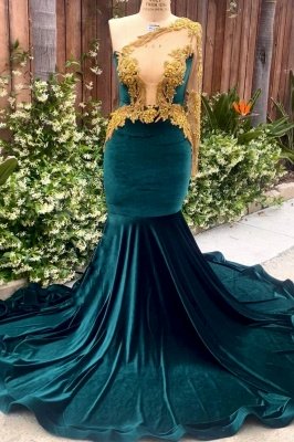 Stunning One Shoulder Dark Green Mermaid Prom Dress 3D Gold Embellishment Bodycon Party Dress