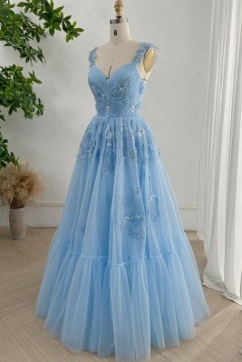Elegant Sky Blue Tulle A-line Evening Dress Lace Appliques V-Neck Formal Dress