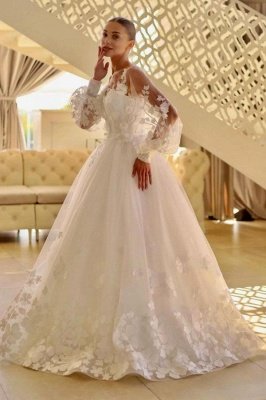 Vestido de novia elegante de una línea de encaje de tul con mangas largas abullonadas y apliques