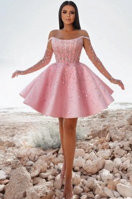 Cute Off-the-Shoulder Short Homecoming Dress Pink Knee Length Satin Beadings Party Dress