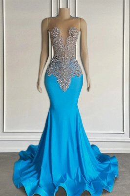Luxury Crew Neck Sleeveless Blue Mermaid Prom Dress Sleeveless Beadings Floor Length Party Dress