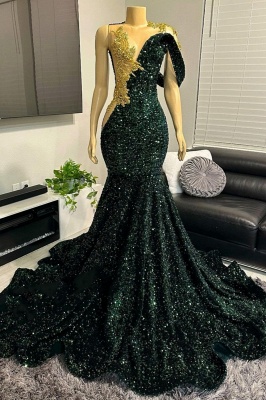 Asymmetric Dark Green Sequins Mermaid Prom Dress Gold 3D Crystals Bodycon Party Gown