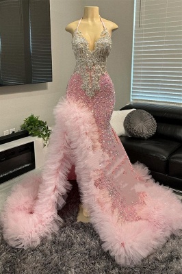 Sexy Neckholder-Meerjungfrau-Ballkleid mit rosa Pailletten und Perlenverzierung und Seitenschlitz