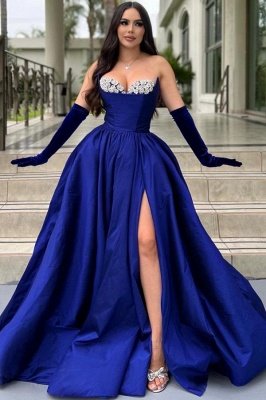 Alluring Royal Blue Sweetheart Satin Evening Dress Sleeveless Crystals Party Dress with Side Slit