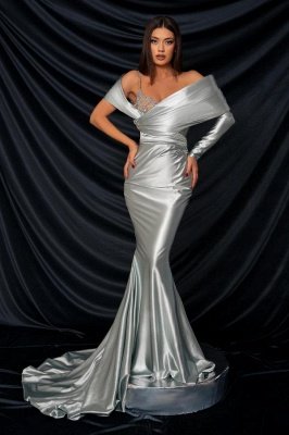 Charming Silver Satin Ruched Cloumn Prom Dress  Asymmetrical Sleeves Long Party Dress