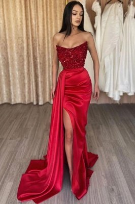 Amazing Sleeveless Sequins Satin Mermaid Prom Dress Strapless Evening Dress with Side Slit