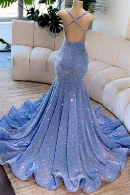 Amazing Sleeveless Glitter Mermaid Prom Dress Gold Crystals Slim Evening Gown_2