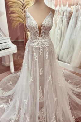Elegant Double V-Neck Tulle Aline Wedding Dress 3D Floral Lace Appliques Bridal Dress with Straps
