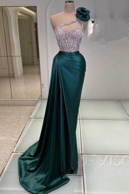 Charming Bodycon Party Dress Satin Glitter Crystals One Shoulder Mermaid Prom Dress