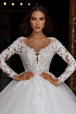 Precioso vestido de novia de una línea de flores con cuello joya vestido de novia con apliques de encaje de manga larga