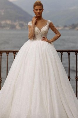 Gorgeous Shiny Sequins Aline Ball Gown with Long Sleeves Wedding Dress_1