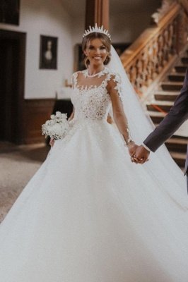 Vestido de novia elegante de manga larga de tul con escote redondo y apliques de encaje