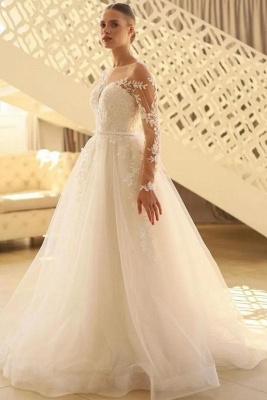 Scoop Neck White Aline Wedding Dresses with Sleeves Simple Tulle Lace Bridal Dress