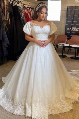 Puffy Sleeves Aline Wedding Dresses Jewel Neck Lace Appliques Bridal Dress