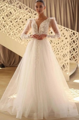 Elegant Long Sleeves White Aline Wedding Dresses with Tulle Lace Appliques