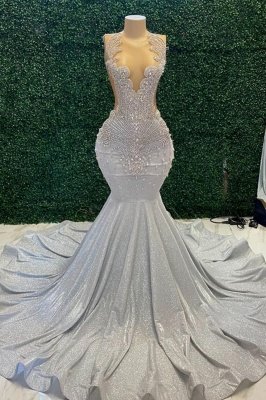 Charming Jewel Neck Sleeveless Shiny Rinestones Mermaid Prom Dress