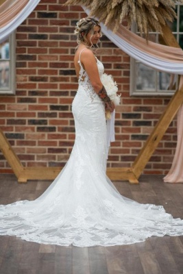 Spaghetti Straps V-Neck White Tulle Lace Mermaid Wedding Dresses with Appliques_2