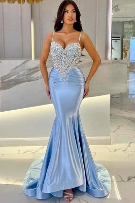 Spaghetti Straps Crystals Satin Mermaid Prom Dress Sweetheart Bodycon Party Dress