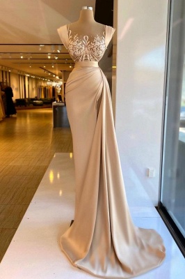 Champagne Sleeveless Satin Long Prom Dress Floral Side Split Evening Dress with Sweep Train