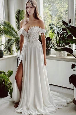 Elegante vestido de novia Aline de gasa con encaje floral y hombros descubiertos con abertura delantera