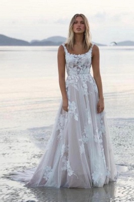 Simple White A-line Wedding Dress Sleeveless Tulle Lace Appliques Beach Wedding Wear Dress