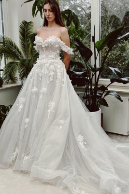 Chic Tulle Aline Wedding Dress Offt-the-Shoulder Lace Appliques Bridal Dress
