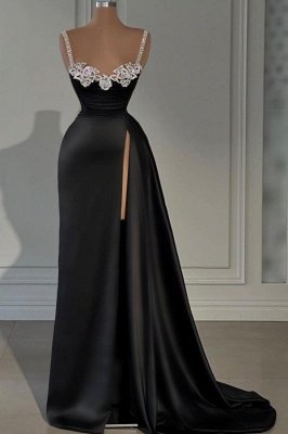 Encantador vestido de fiesta negro con abertura lateral y tirantes con cristales florales