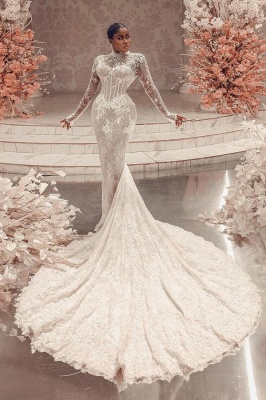 Glamorosos vestidos de novia de sirena de encaje floral con cuello alto y mangas en blanco