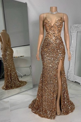 Charming Sequins Side Slit Party Dress V-Neck Spaghetti Straps Slim Prom Dress