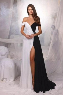 Off-the-Shoulder Black& White Chiffon Floor Length Evening Dresses Front Slit