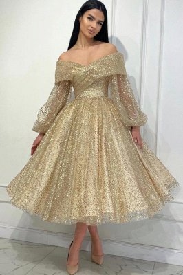 Champagne Off Shoulder Long Sleeves Prom Dresses Glitter Ankle Length Party Wear Dress