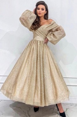 Off  Shoulder Long Sleeves Tea Length Evening Dress Glitter Aline Formal Dress