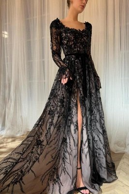 Elegante vestido de noche Aline de lentejuelas negras con mangas