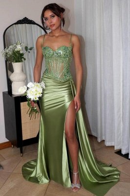 Charming Sweetheart Ruched Satin Side Slit Prom Dress Crystals Spaghetti Straps Long Party Dress