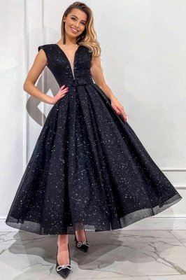 Glitter Sleeveless Black Sequins Ankle Length A-line Evening Dress