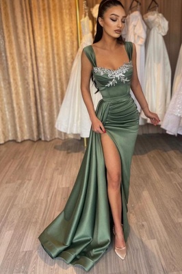 Dark Green Ruched Satin Mermaid Prom Dress Side Slit Floral Lace Formal Dress with Straps