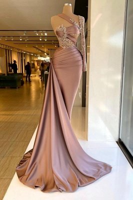 Charming One Shoulder Ruched Satin Slim Evening Dress with 3D Crystals