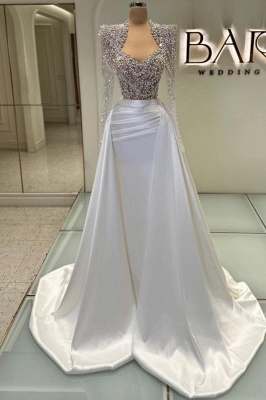 Luxury Sweetheart Glitter Crystals A-line Evening Dress with Sleeves Ruched Satin Long Formal Dresses