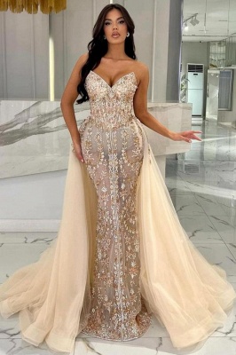 Gorgeous V-Neck Mermaid Prom Dress Glitter Crystals Bodycon Party Dress with Sweep Train