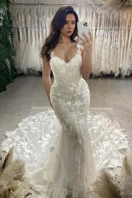 Wunderschönes Meerjungfrau-Brautkleid im Sweetheart-Stil mit floraler Spitze und Trägern