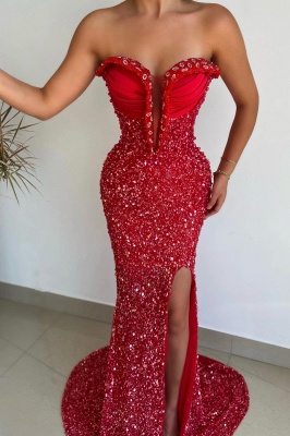 Sleeveless Red Glitter Sequins Bodycon Prom Dresses Side Slit Floor Length Party Dress