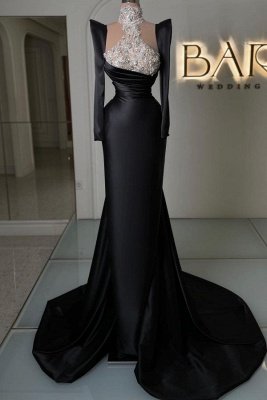 Luxury High Neck Black Satin Long Evening Dress with Sleeves Lace Appliques Prom Dresses